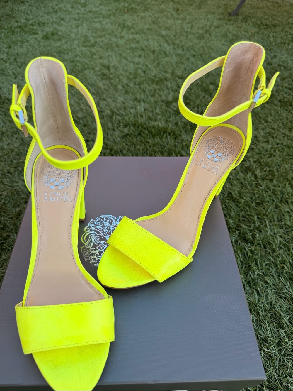 Vince Camuto Neon Corlina Pop Yellow Ankle-Strap Block Heel Sandals